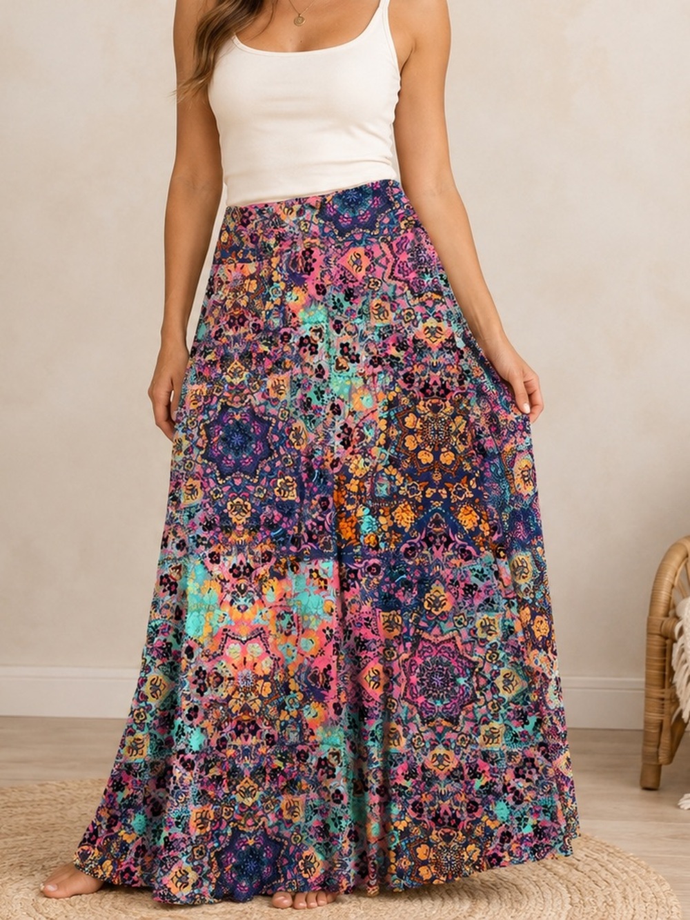 Artisan NY Maxi Skirt Medium Boho Paisley Floral Mandala Y2K Rayon Stretch